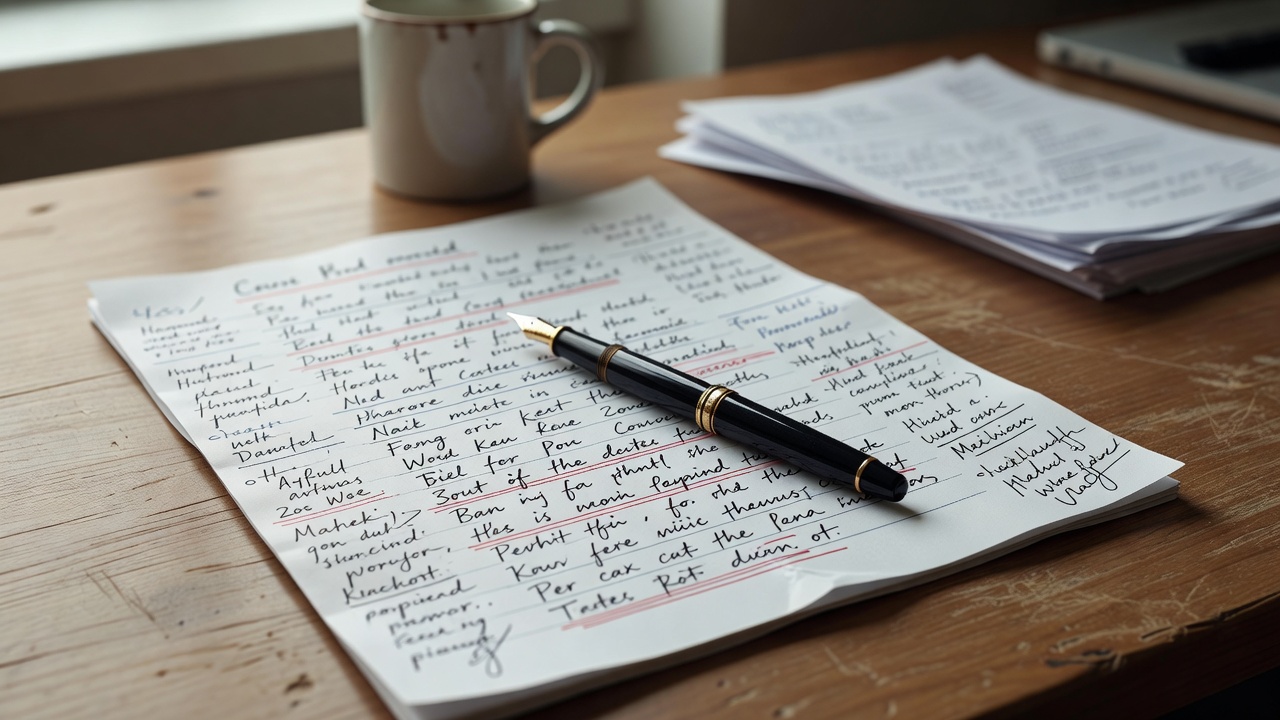 Pen resting on a printed report covered in handwritten margin notes and underlined passages