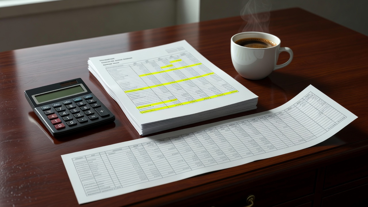 Printed financial report with highlighted figures next to a cup of coffee and a calculator
