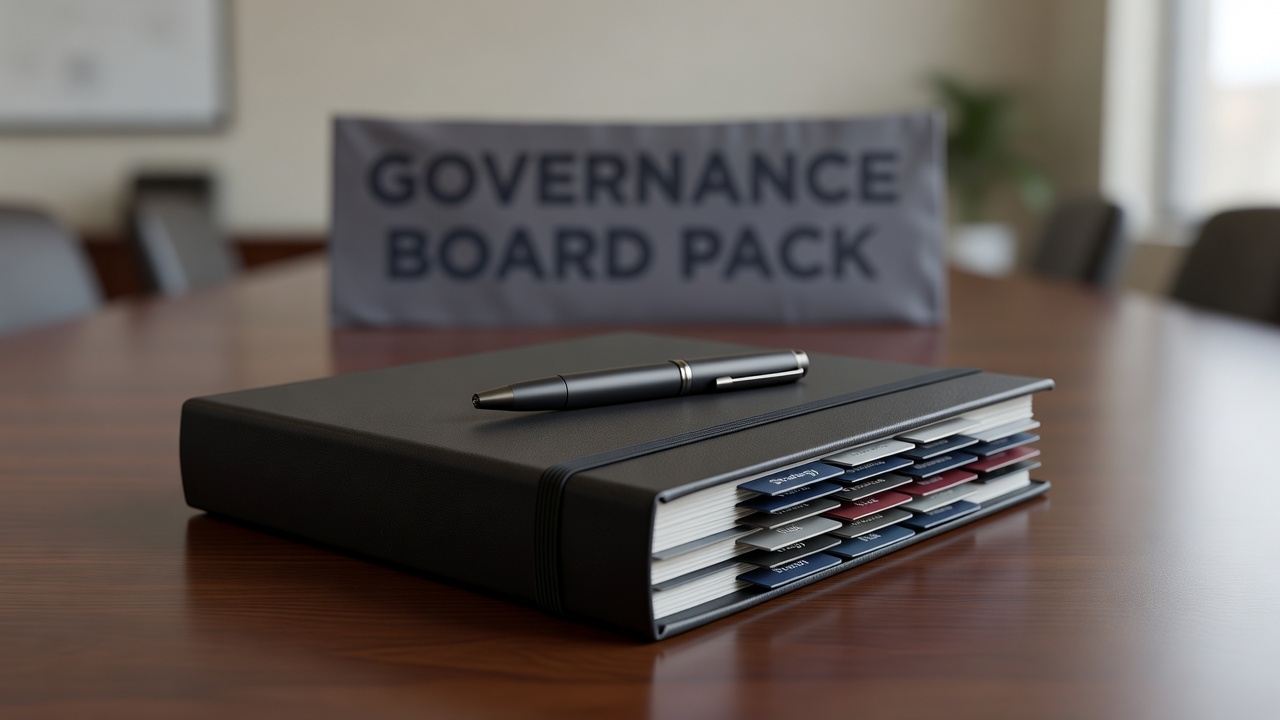 Bound board pack with tabbed sections and a pen laid on top, shallow depth of field