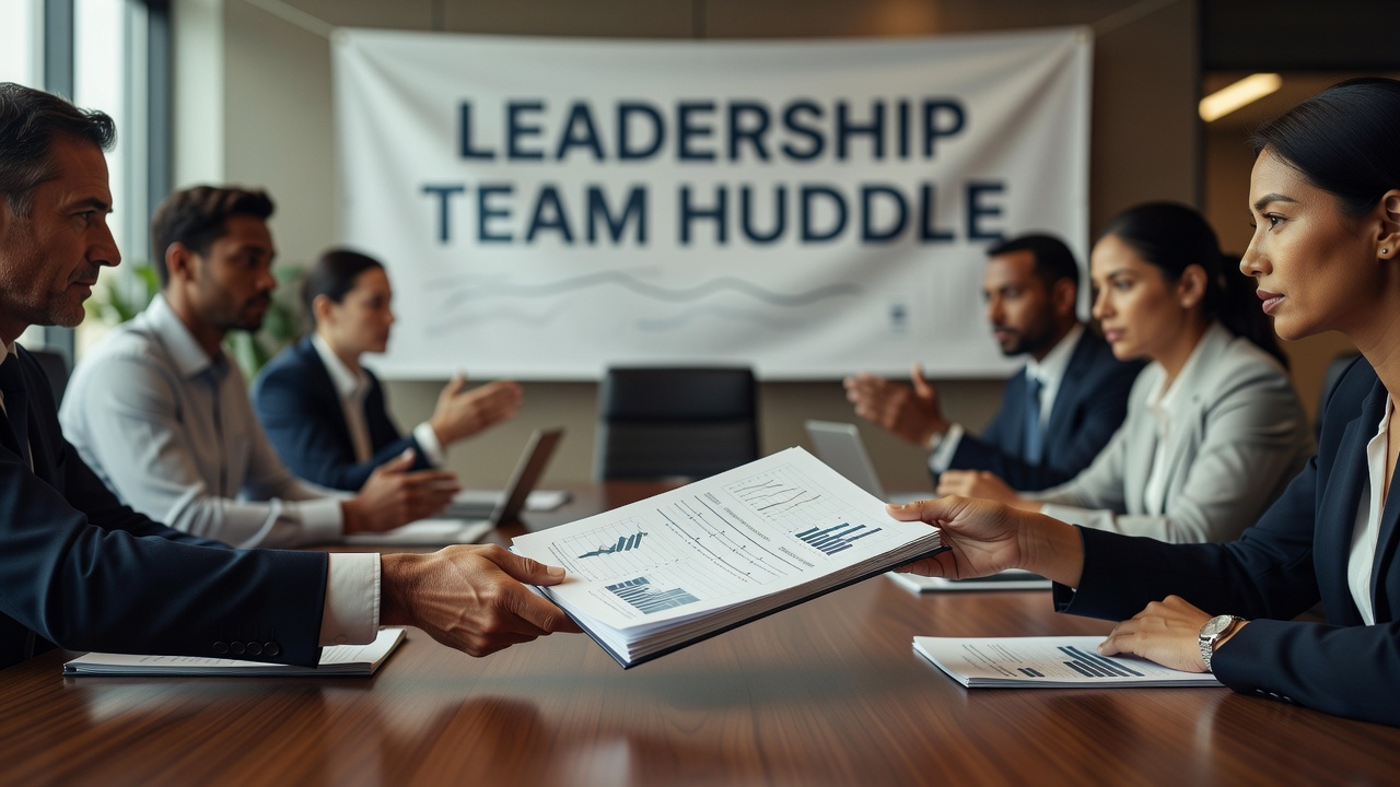 Close-up of hands passing a printed agenda across a meeting table during a team discussion