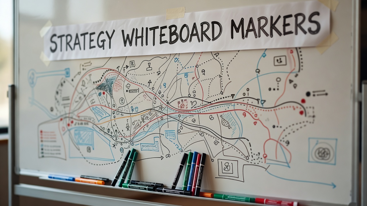 Marker pens resting on the ledge of a whiteboard covered in a hand-drawn market map, shallow focus